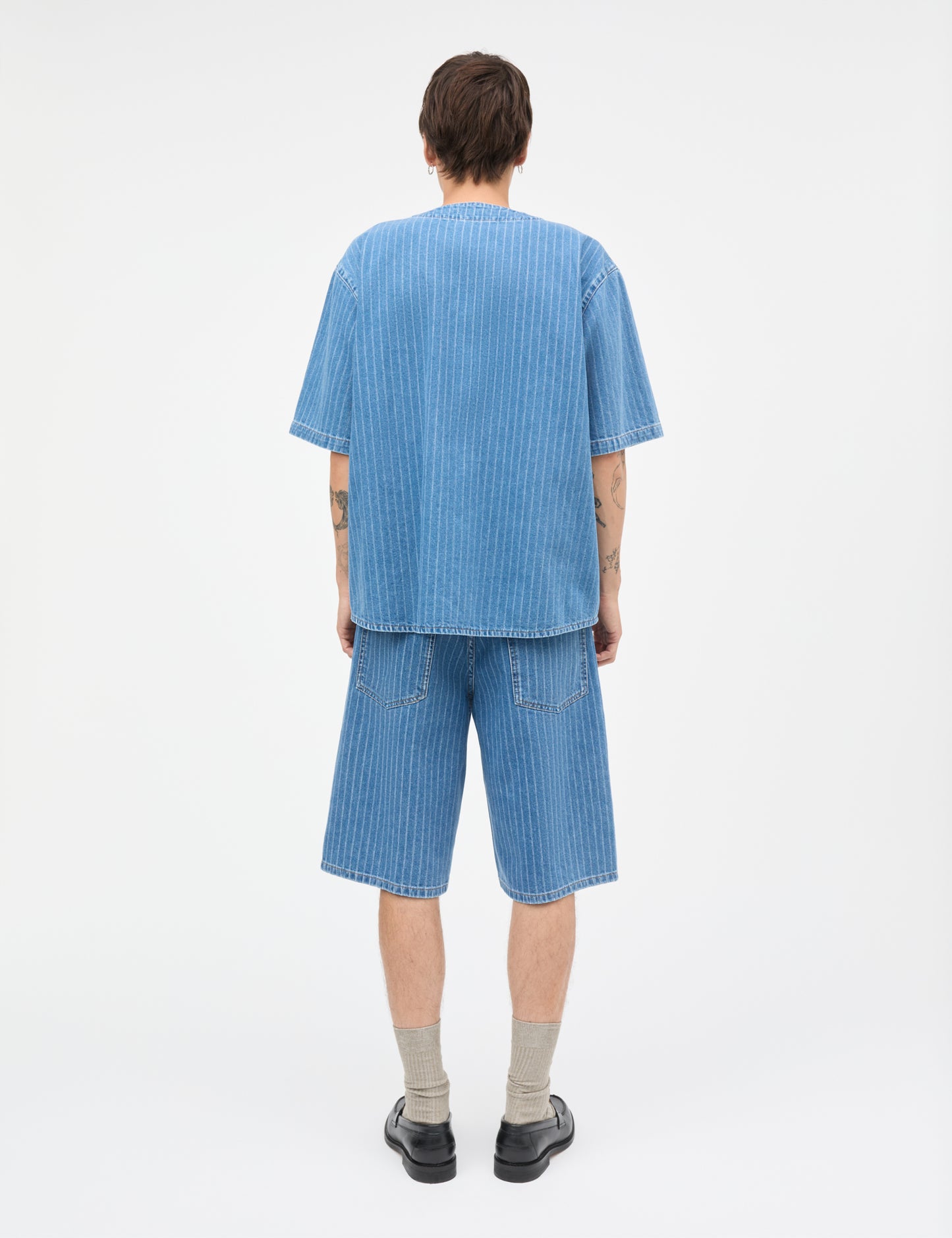 Striped Denim Hannes Shorts, Light Blue Wash