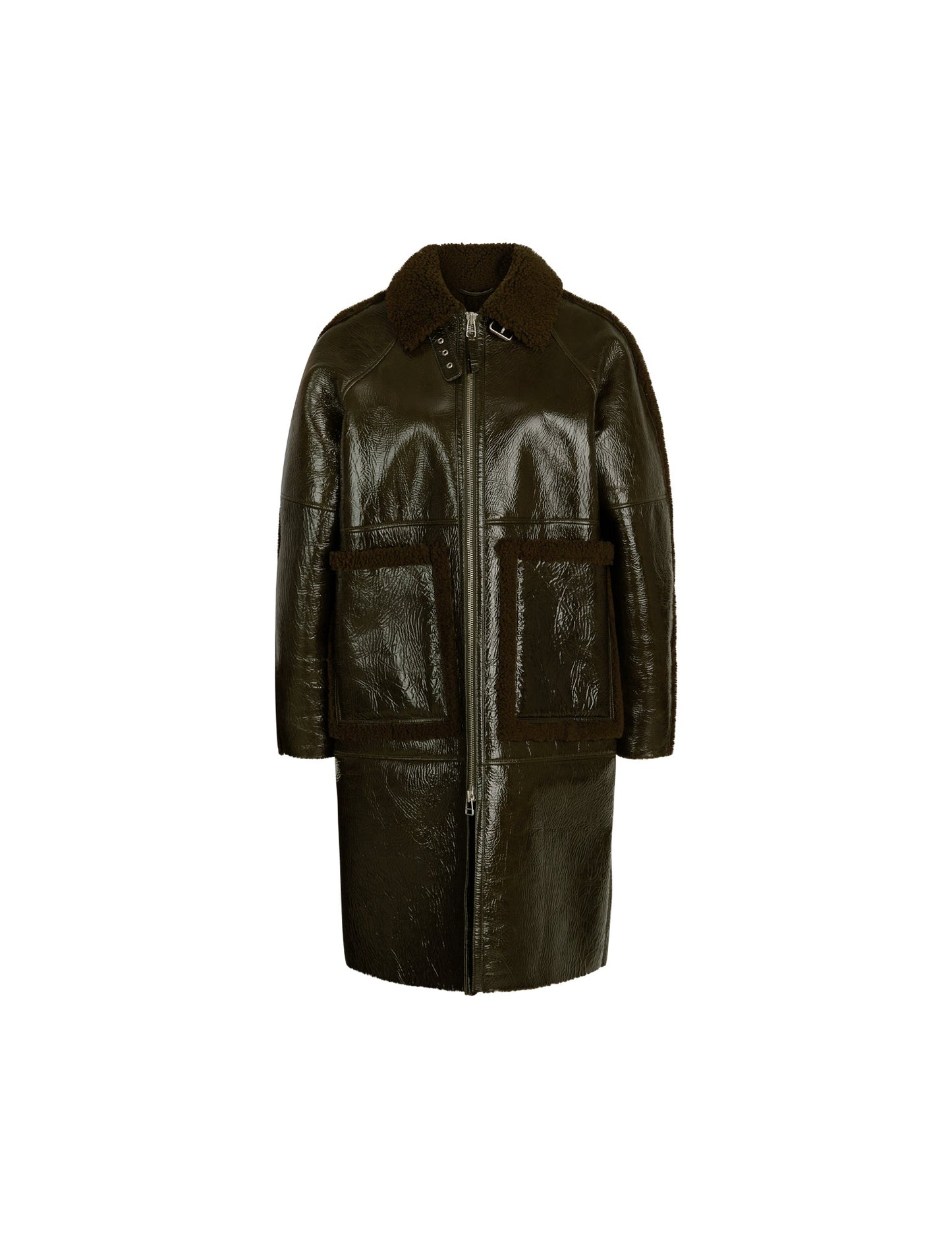 Patent Shearling Honnef Coat,  Forest Night
