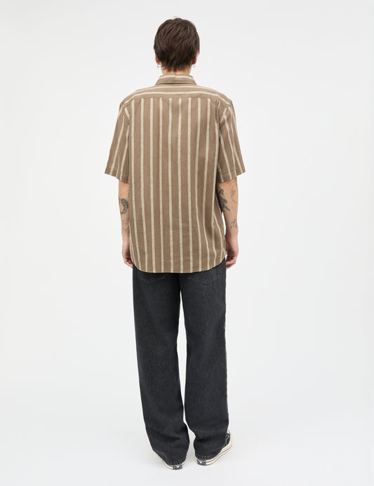 Cotton Linen Victor Stripe Shirt SS, Walnut/Castle Wall