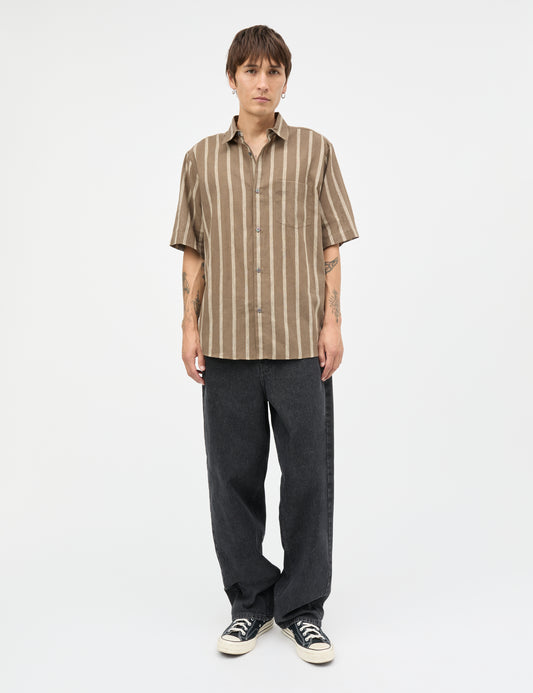 Cotton Linen Victor Stripe Shirt SS, Walnut/Castle Wall
