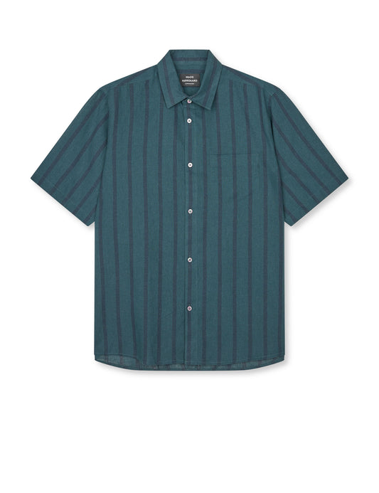 Cotton Linen Victor Stripe Shirt SS, Deep Sea/Sky Captain