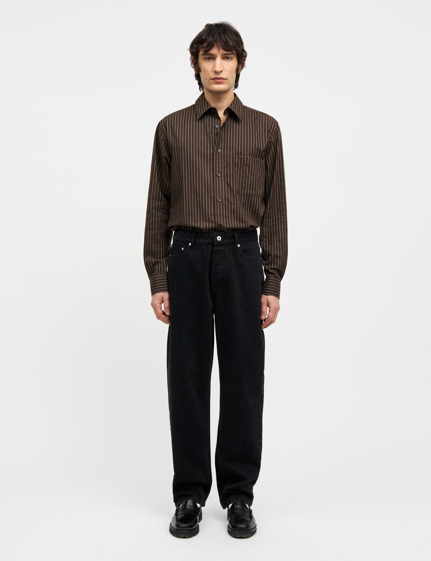 Cotton Flannel Stripe Sune Shirt, Demitasse Stripe