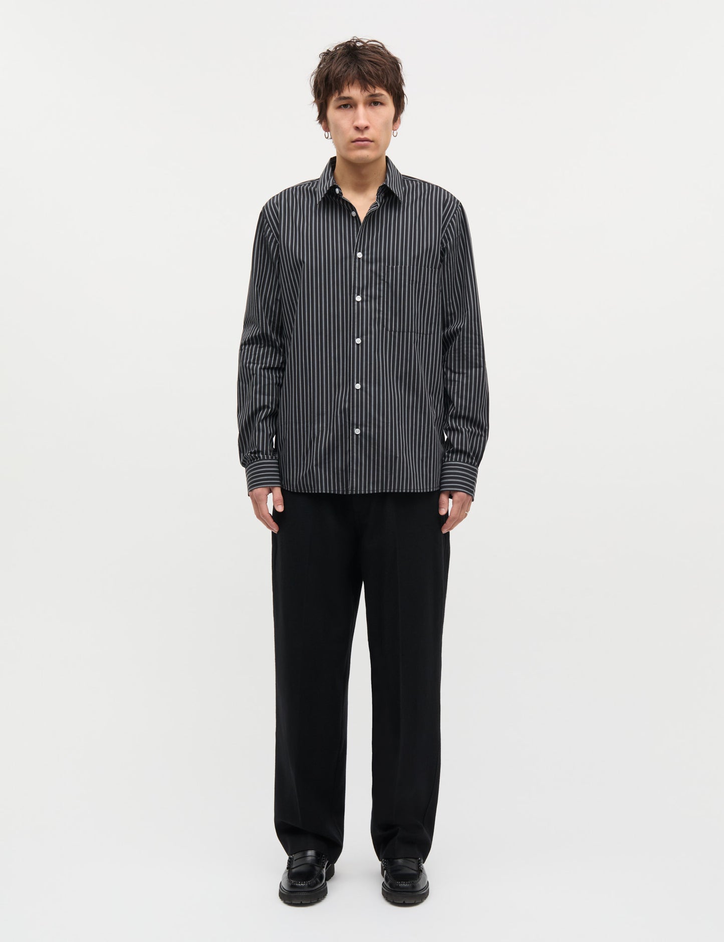 Prime Cotton Poplin Sune Shirt, Black/White/Asphalt ST.