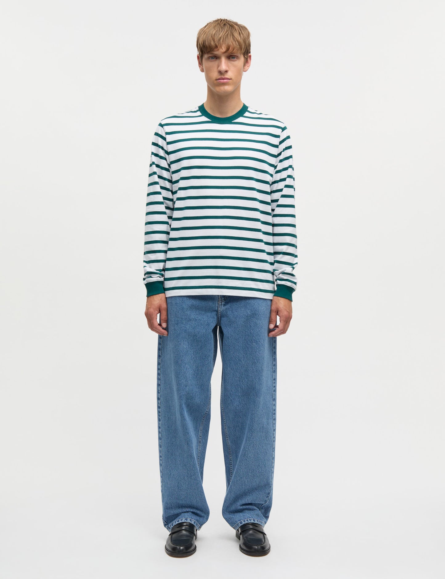 Cotton Jersey Stripe Frode Tee LS, Deep Sea/White
