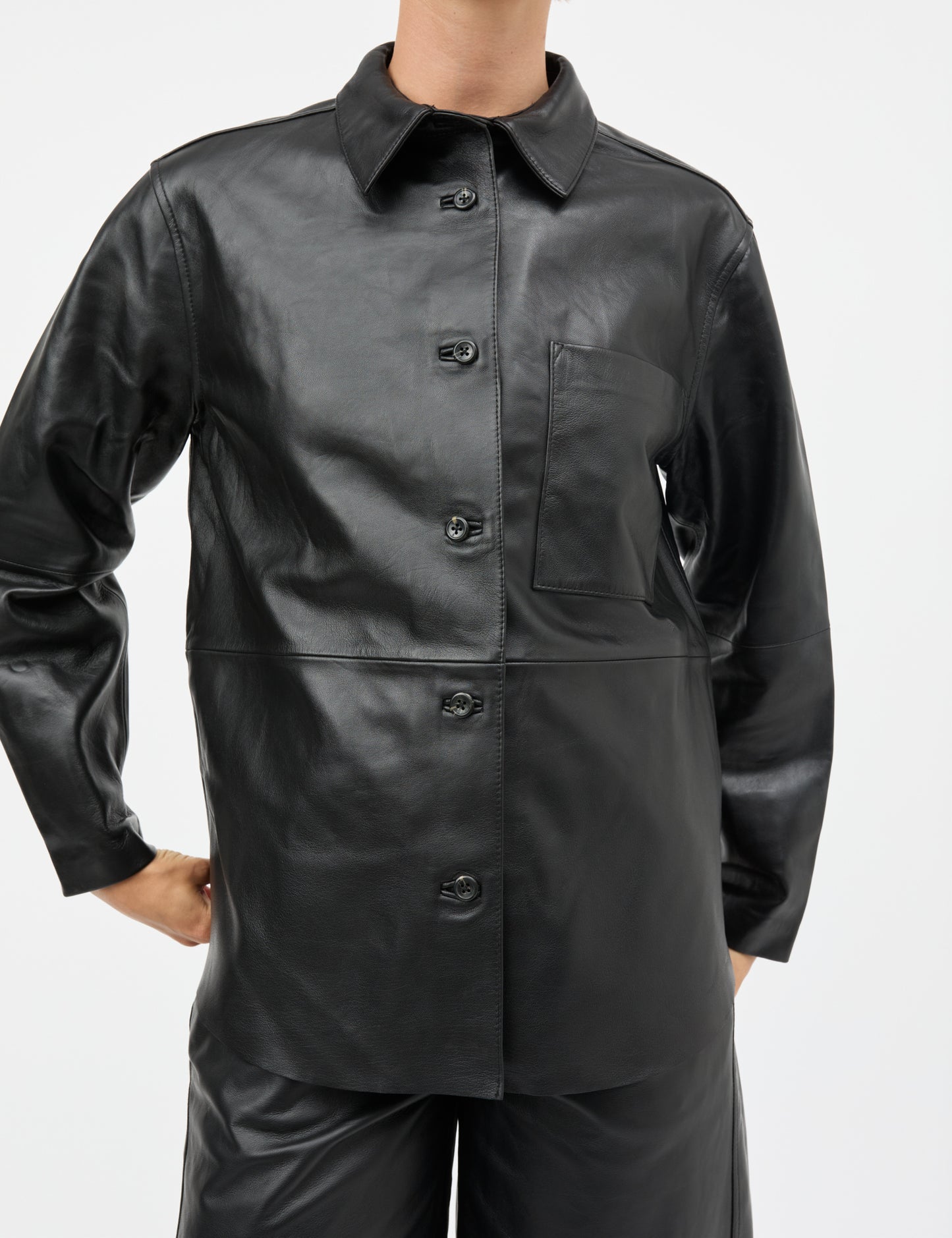 Shiny Leather Phoebe Shirt, Black