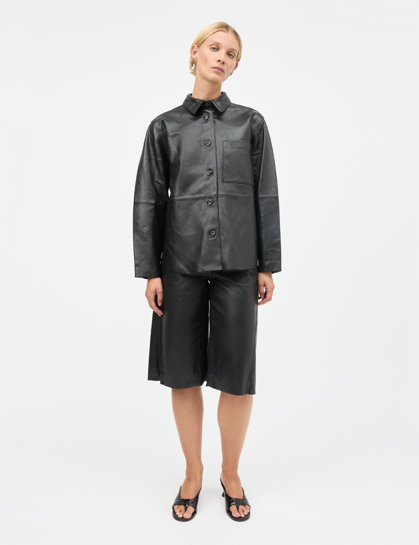 Shiny Leather Phoebe Shirt, Black