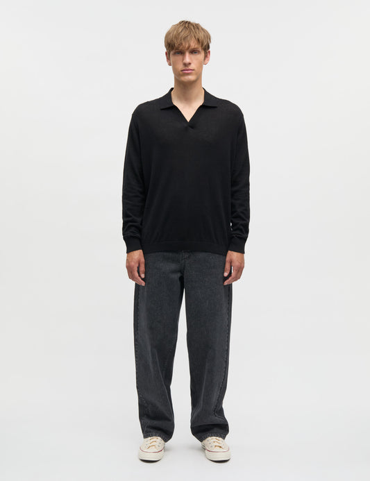 Cotton Lino Theo Polo LS Knit, Black