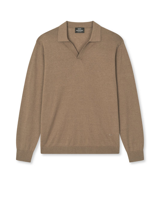 Cotton Lino Theo Polo LS Knit, Walnut