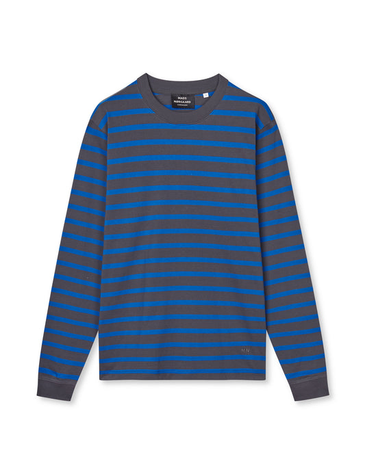 Cotton Jersey Stripe Frode Tee LS, Asphalt/Lapis Blue