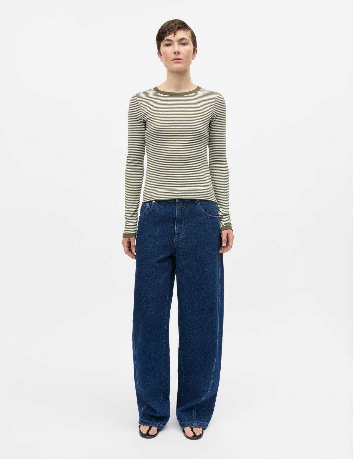 Grace Jersey Stripe Camille Tee LS, White/Tarmac